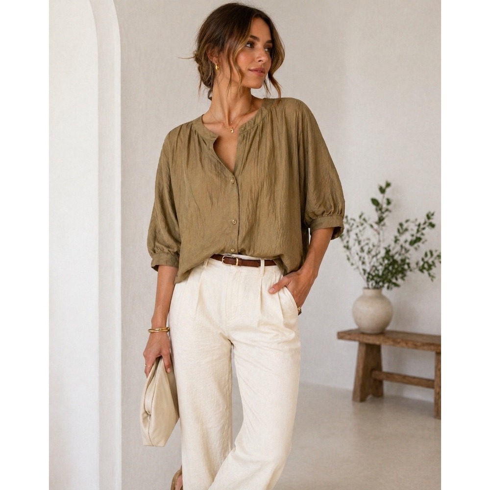 Allie Rose Blouse Wn Small Olive Green Crinkle Button Tab Rayon Boho Coastal Top
